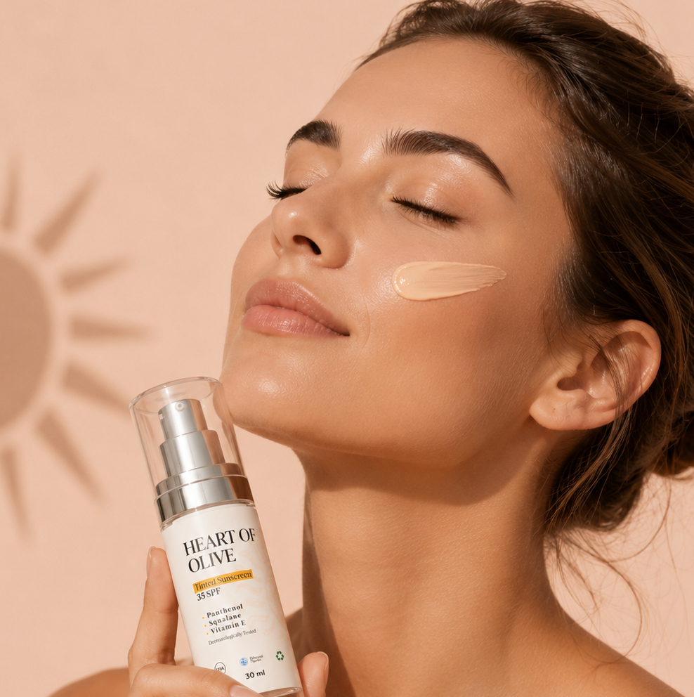 Heart of Olive tinted sunscreen SPF 35 in a tube, showing the product with a light tinted formula for sun protection.